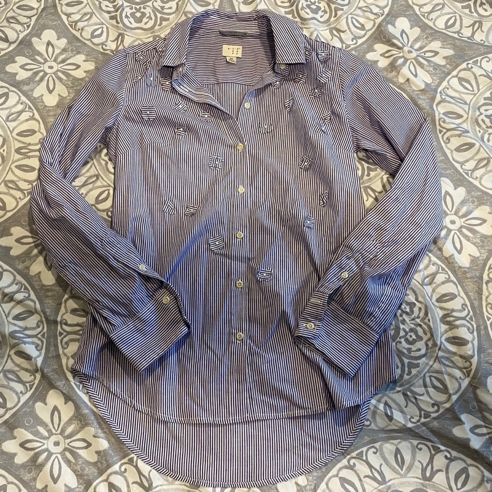 Blue Striped Button Up with Floral Details